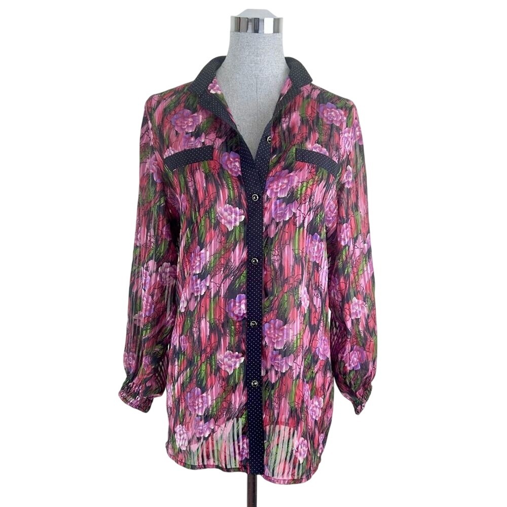 Vintage Diane Tres Polka Dot‎ Sheer Floral Button Down Blouse